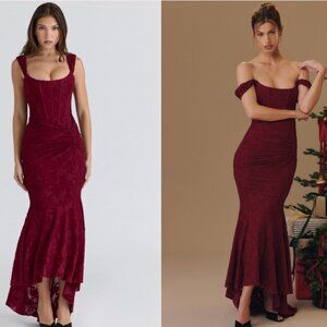 House of CB Cesca wine floral lace corset maxi dress NWT